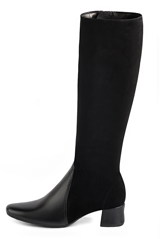 Satin black women's feminine knee-high boots. Round toe. Low flare heels. Made to measure. Profile view - Florence KOOIJMAN